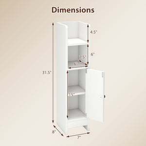 Bathroom Slim Cabinet Corner with Door and Adjustable Shelf-White