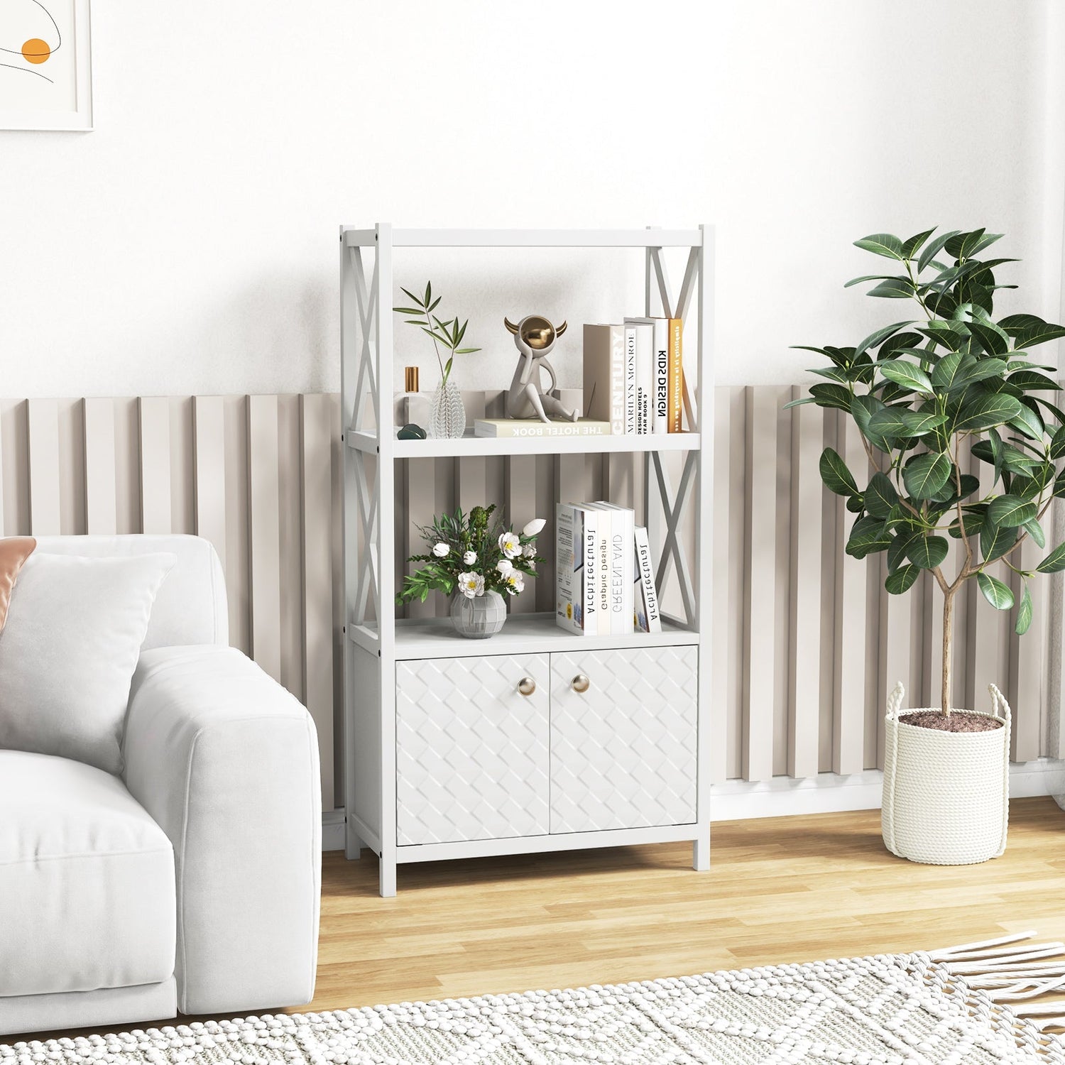 Bathroom Storage Cabinet with Open Shelves and Double Doors-White