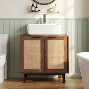 Bathroom Vanity Cabinet with U-Shaped Cut-Out 2 Rattan Doors and Shelf-Brown