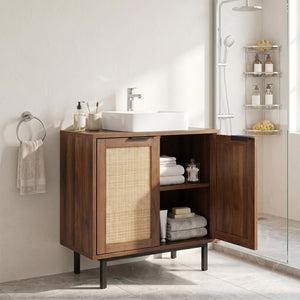 Bathroom Vanity Cabinet with U-Shaped Cut-Out 2 Rattan Doors and Shelf-Brown