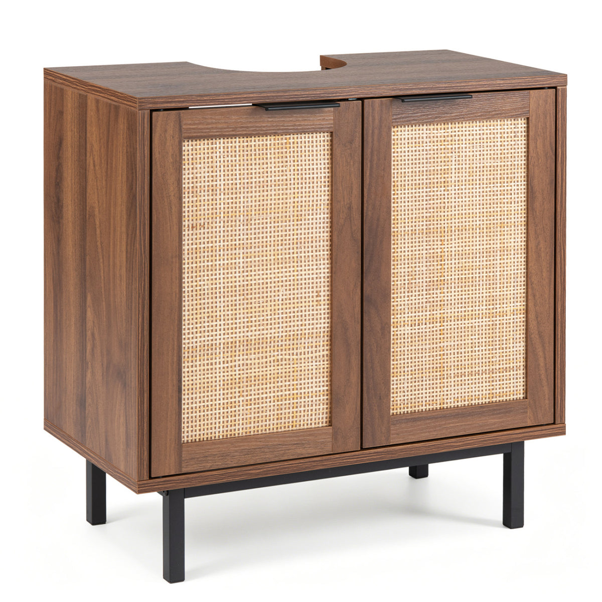 Bathroom Vanity Cabinet with U-Shaped Cut-Out 2 Rattan Doors and Shelf-Brown