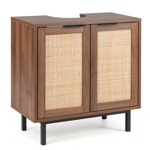 Bathroom Vanity Cabinet with U-Shaped Cut-Out 2 Rattan Doors and Shelf-Brown