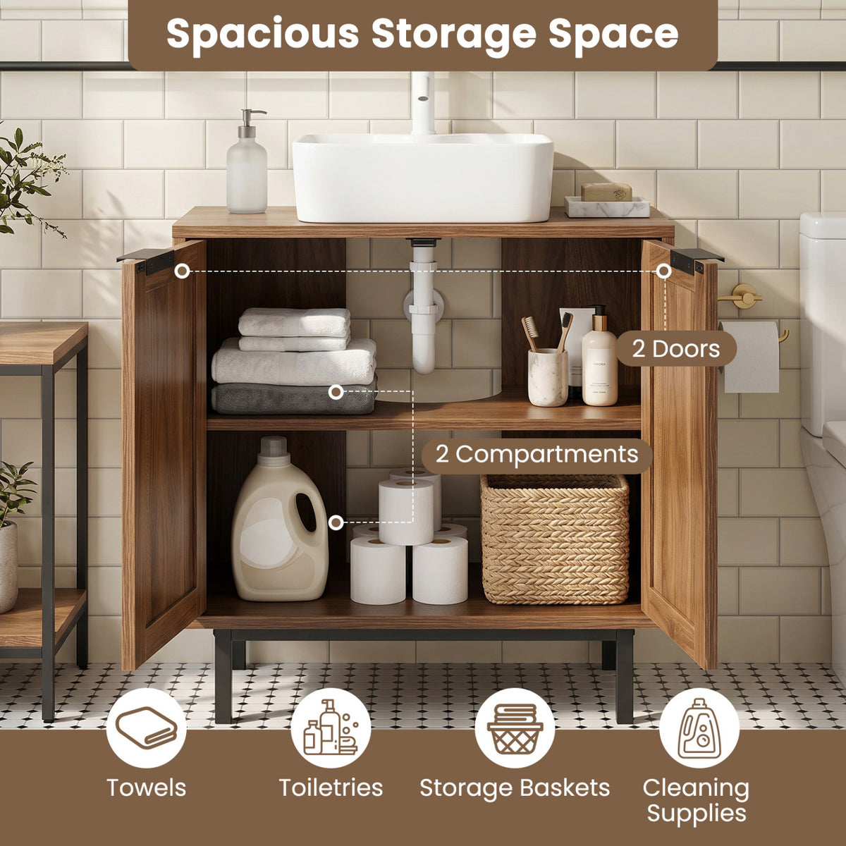 Bathroom Vanity Cabinet with U-Shaped Cut-Out 2 Rattan Doors and Shelf-Brown