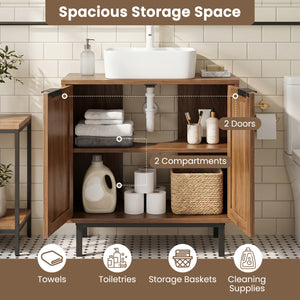 Bathroom Vanity Cabinet with U-Shaped Cut-Out 2 Rattan Doors and Shelf-Brown