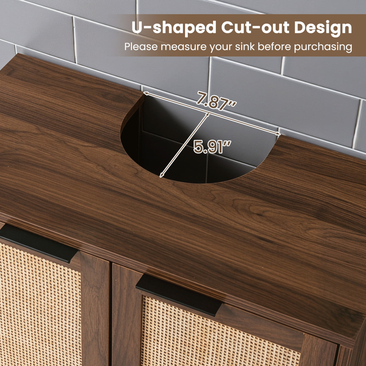 Bathroom Vanity Cabinet with U-Shaped Cut-Out 2 Rattan Doors and Shelf-Brown