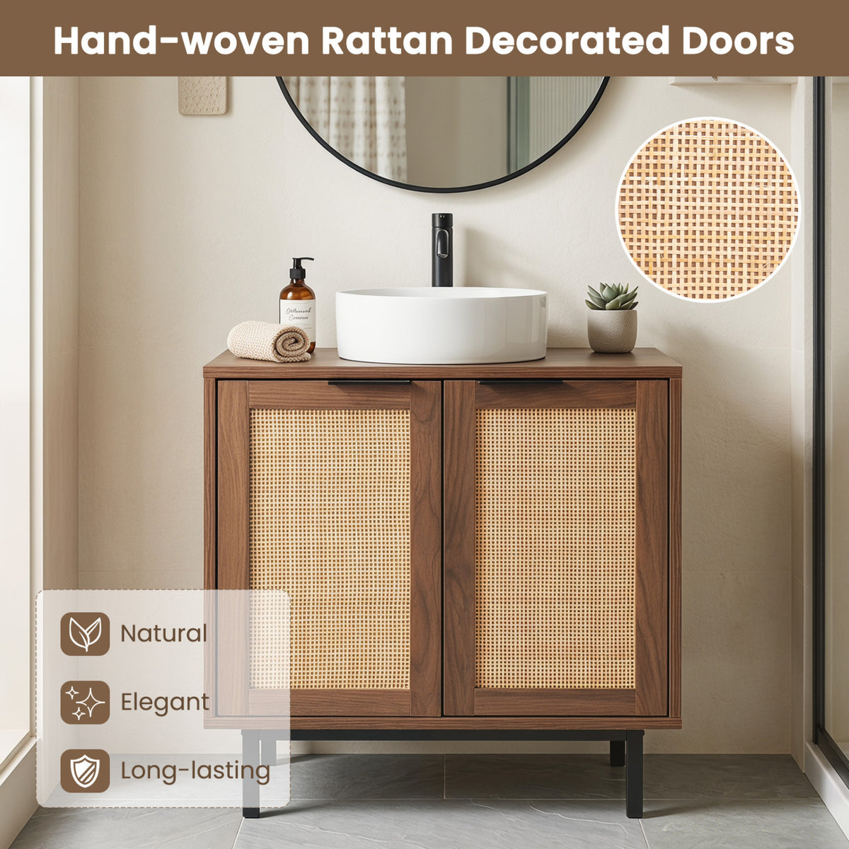 Bathroom Vanity Cabinet with U-Shaped Cut-Out 2 Rattan Doors and Shelf-Brown