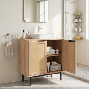 Bathroom Vanity Cabinet with U-Shaped Cut-Out 2 Rattan Doors and Shelf-Natural