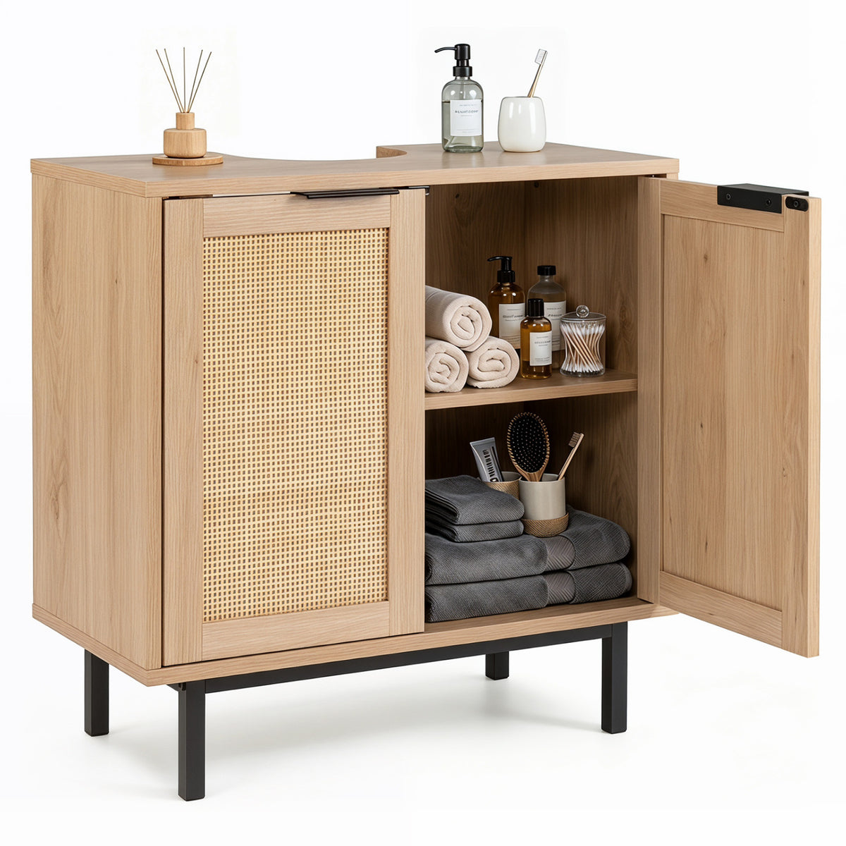 Bathroom Vanity Cabinet with U-Shaped Cut-Out 2 Rattan Doors and Shelf-Natural