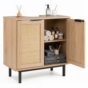 Bathroom Vanity Cabinet with U-Shaped Cut-Out 2 Rattan Doors and Shelf-Natural