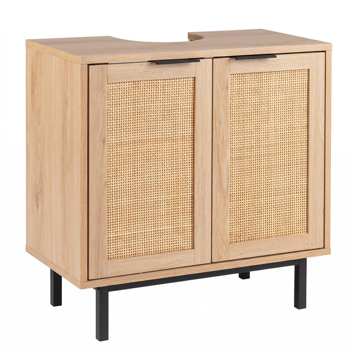 Bathroom Vanity Cabinet with U-Shaped Cut-Out 2 Rattan Doors and Shelf-Natural
