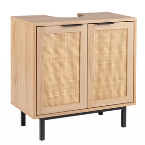 Bathroom Vanity Cabinet with U-Shaped Cut-Out 2 Rattan Doors and Shelf-Natural