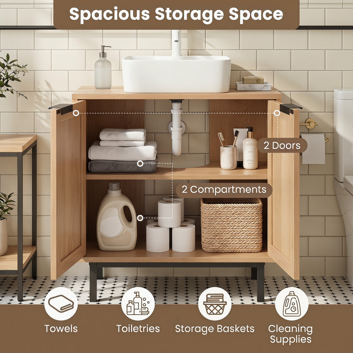 Bathroom Vanity Cabinet with U-Shaped Cut-Out 2 Rattan Doors and Shelf-Natural