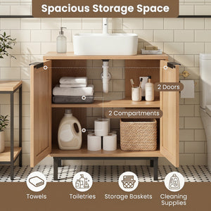 Bathroom Vanity Cabinet with U-Shaped Cut-Out 2 Rattan Doors and Shelf-Natural