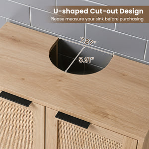 Bathroom Vanity Cabinet with U-Shaped Cut-Out 2 Rattan Doors and Shelf-Natural