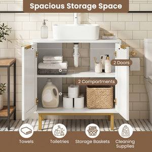 Bathroom Vanity Cabinet with U-Shaped Cut-Out 2 Rattan Doors and Shelf-White