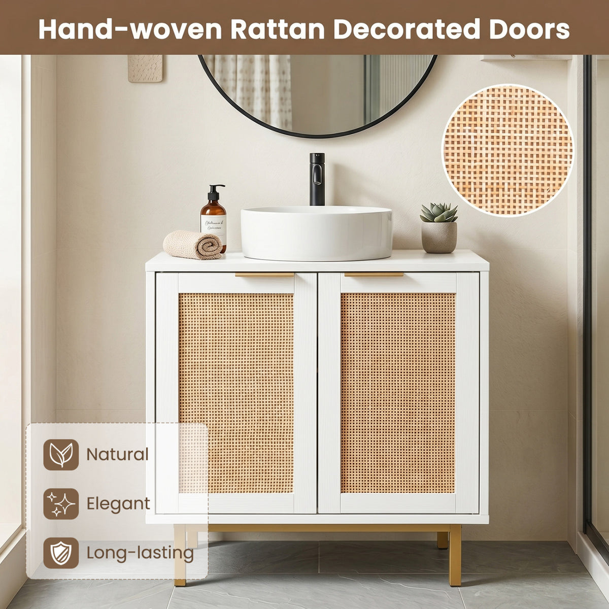 Bathroom Vanity Cabinet with U-Shaped Cut-Out 2 Rattan Doors and Shelf-White