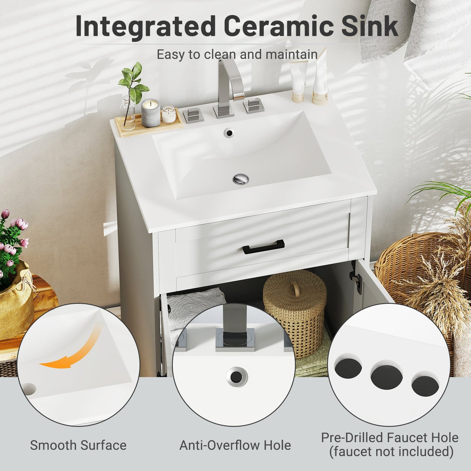 Bathroom Vanity Unit with Basin and 2 Doors-Gray