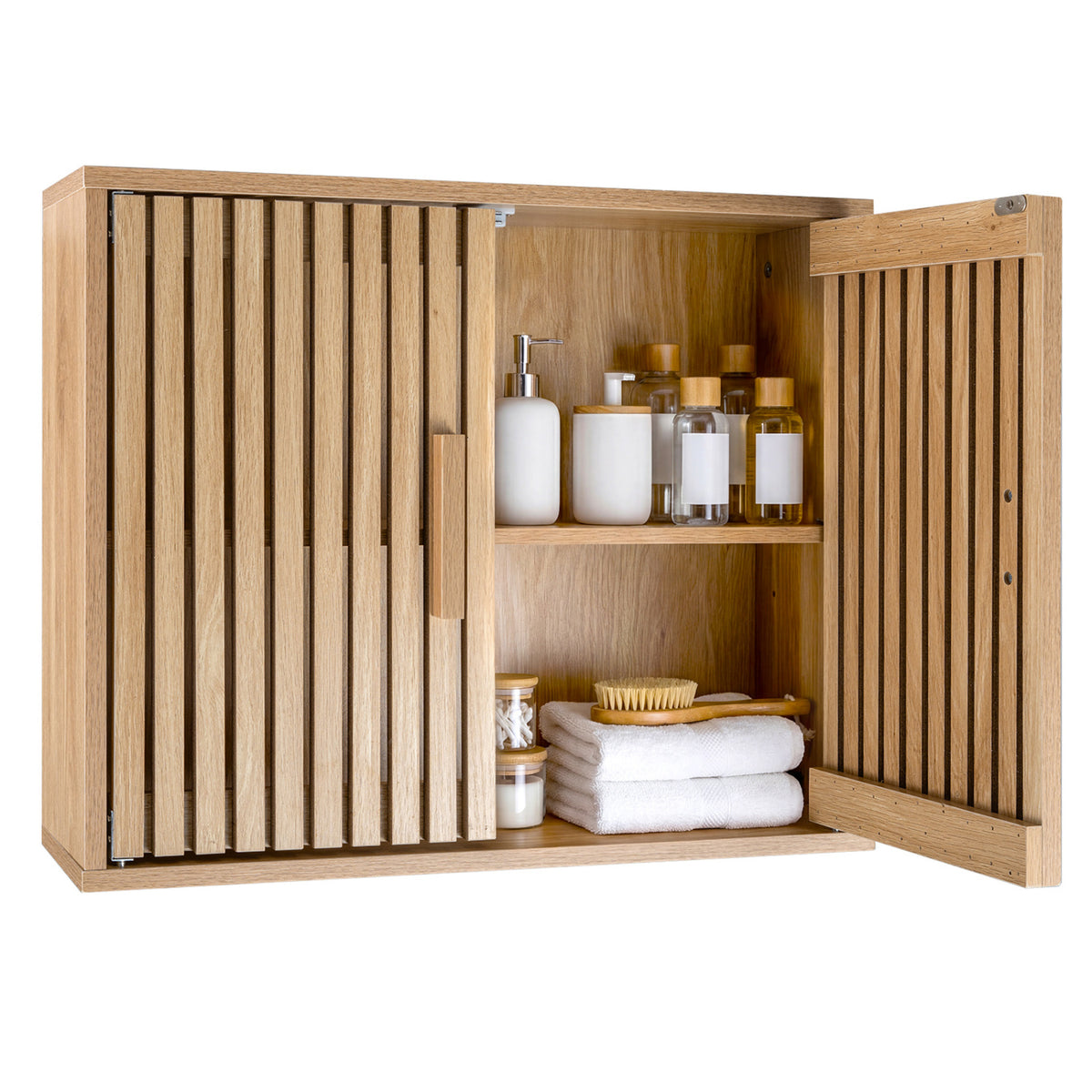 Bathroom Wall Cabinet with 2 Slatted Doors and 3-Level Adjustable Shelves-Natural