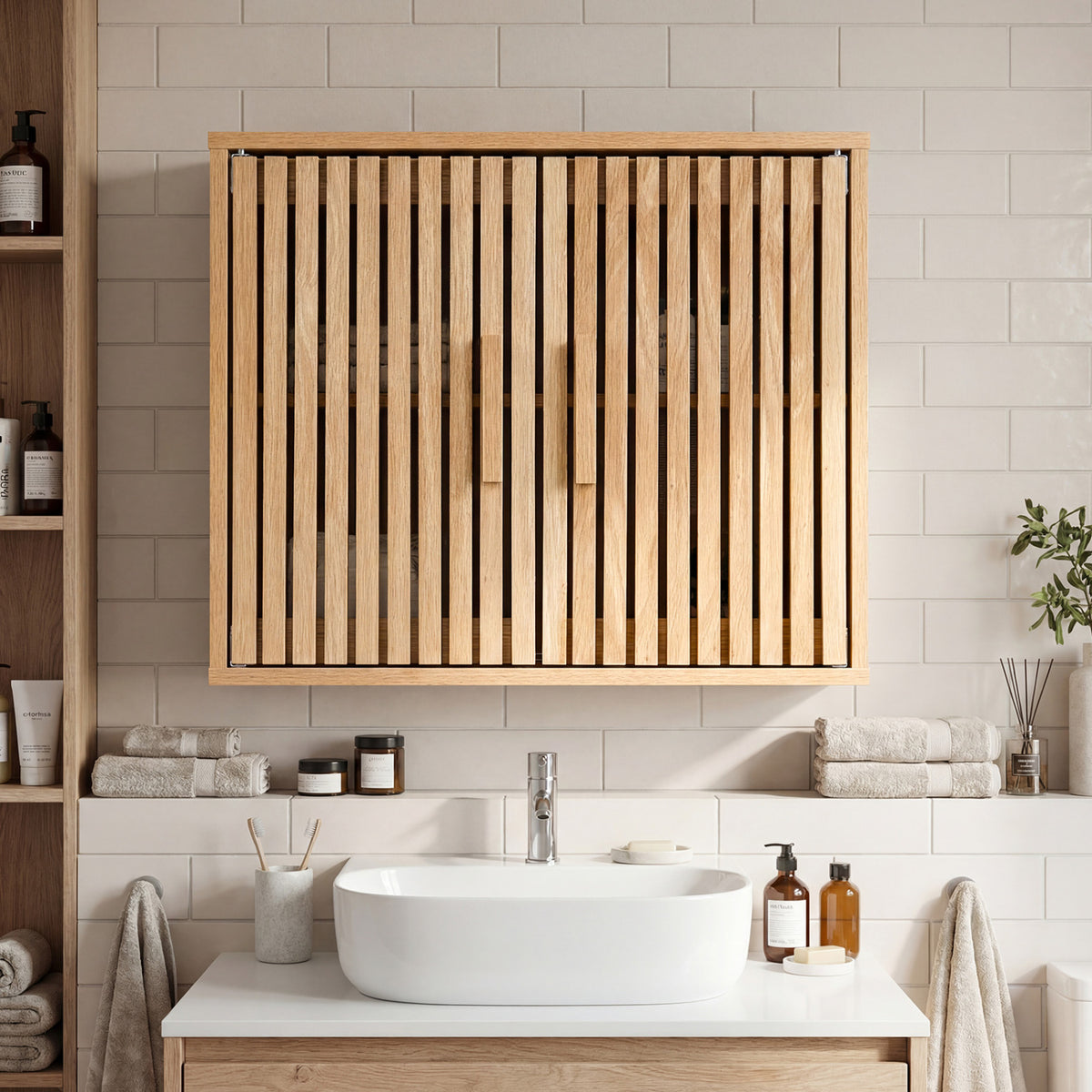 Bathroom Wall Cabinet with 2 Slatted Doors and 3-Level Adjustable Shelves-Natural