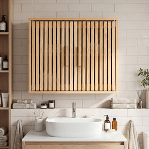 Bathroom Wall Cabinet with 2 Slatted Doors and 3-Level Adjustable Shelves-Natural