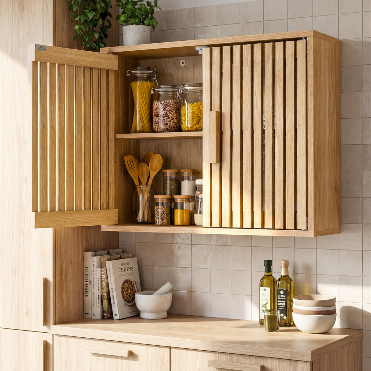 Bathroom Wall Cabinet with 2 Slatted Doors and 3-Level Adjustable Shelves-Natural