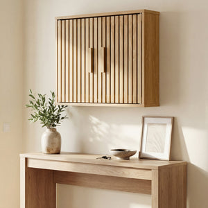 Bathroom Wall Cabinet with 2 Slatted Doors and 3-Level Adjustable Shelves-Natural