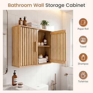 Bathroom Wall Cabinet with 2 Slatted Doors and 3-Level Adjustable Shelves-Natural