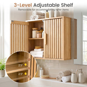 Bathroom Wall Cabinet with 2 Slatted Doors and 3-Level Adjustable Shelves-Natural