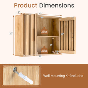 Bathroom Wall Cabinet with 2 Slatted Doors and 3-Level Adjustable Shelves-Natural