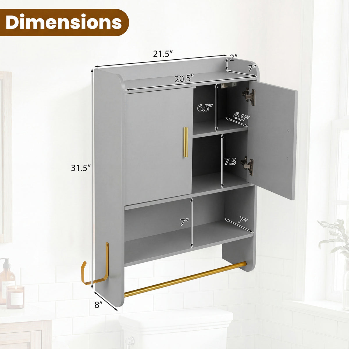 Bathroom Wall Cabinet Wall Mounted Medicine Cabinet with Towel Bars-Grey