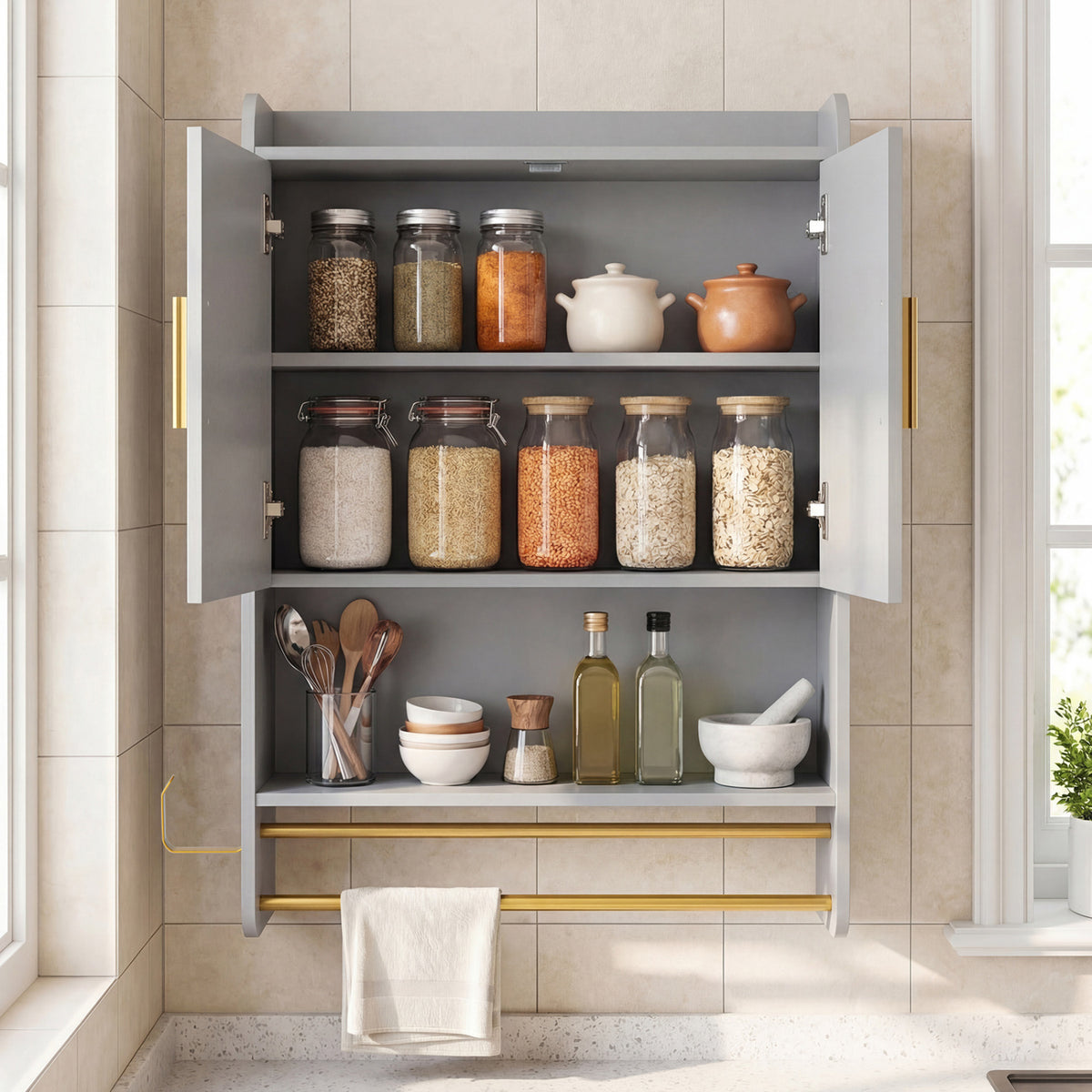 Bathroom Wall Cabinet Wall Mounted Medicine Cabinet with Towel Bars-Grey
