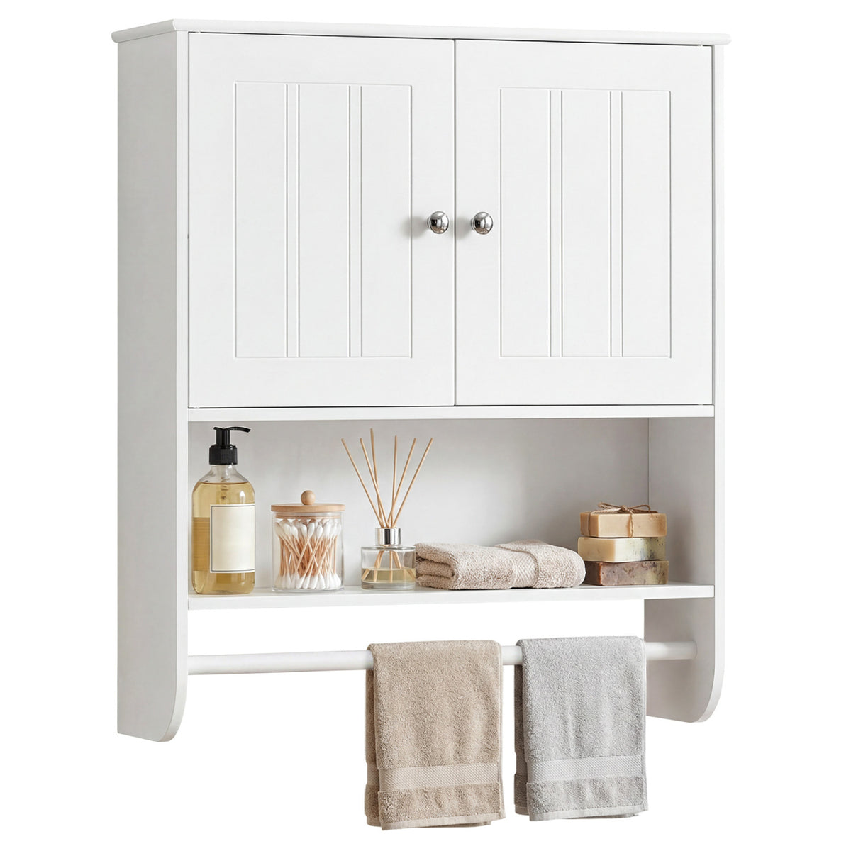 Bathroom Wall Cabinet with Towel Bar and Open Shelf and Adjustable Shelf-White