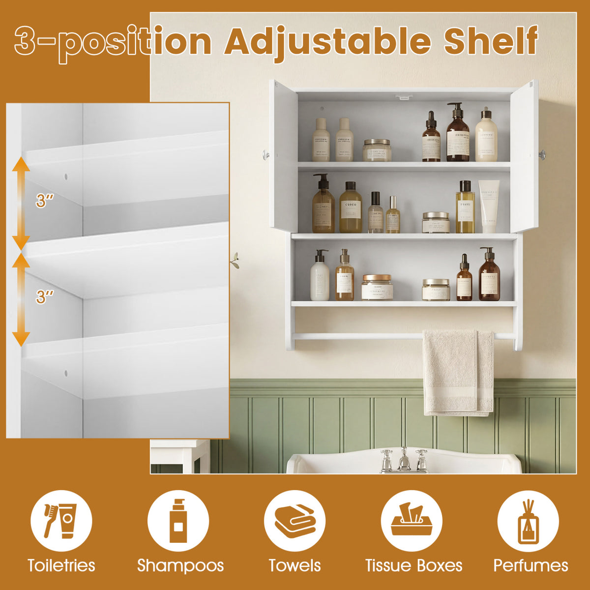 Bathroom Wall Cabinet with Towel Bar and Open Shelf and Adjustable Shelf-White