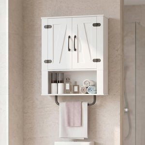 Bathroom Wall Cabinet with 2 Barn Doors and Towel Bar and 3-Tier Wooden Storage-White