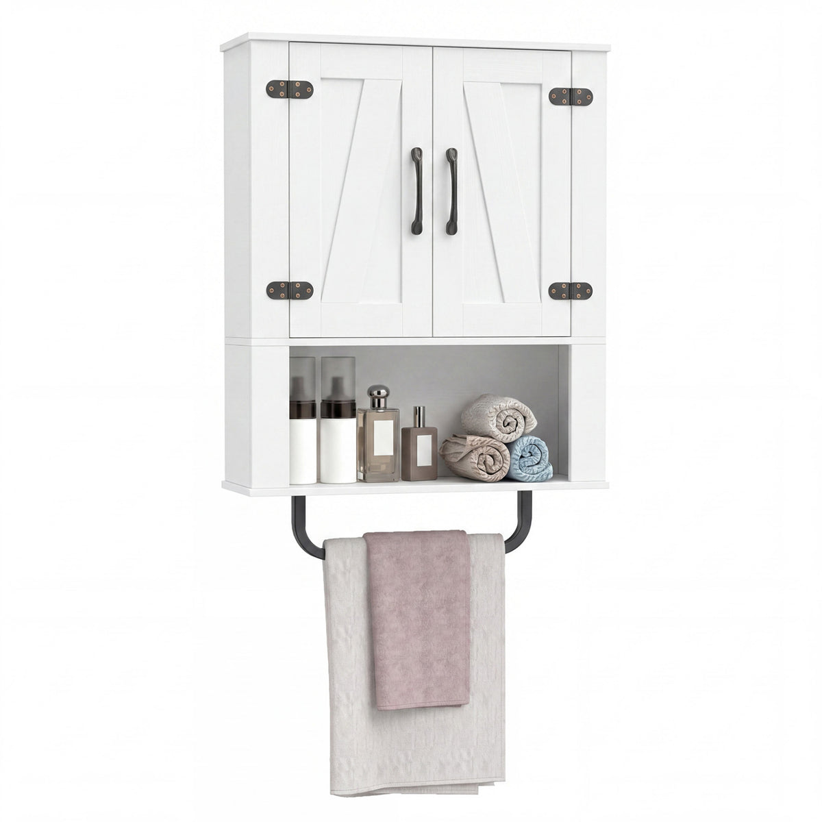 Bathroom Wall Cabinet with 2 Barn Doors and Towel Bar and 3-Tier Wooden Storage-White