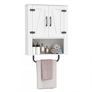 Bathroom Wall Cabinet with 2 Barn Doors and Towel Bar and 3-Tier Wooden Storage-White