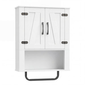 Bathroom Wall Cabinet with 2 Barn Doors and Towel Bar and 3-Tier Wooden Storage-White