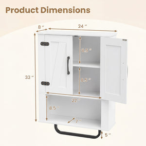 Bathroom Wall Cabinet with 2 Barn Doors and Towel Bar and 3-Tier Wooden Storage-White