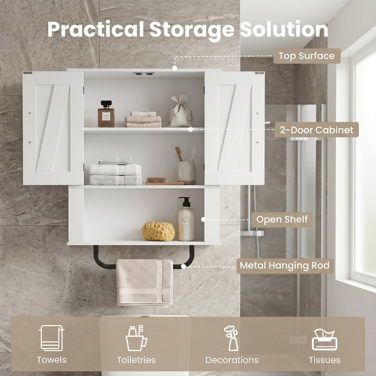 Bathroom Wall Cabinet with 2 Barn Doors and Towel Bar and 3-Tier Wooden Storage-White