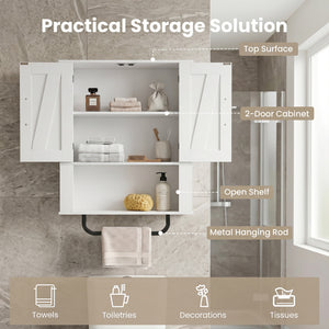 Bathroom Wall Cabinet with 2 Barn Doors and Towel Bar and 3-Tier Wooden Storage-White