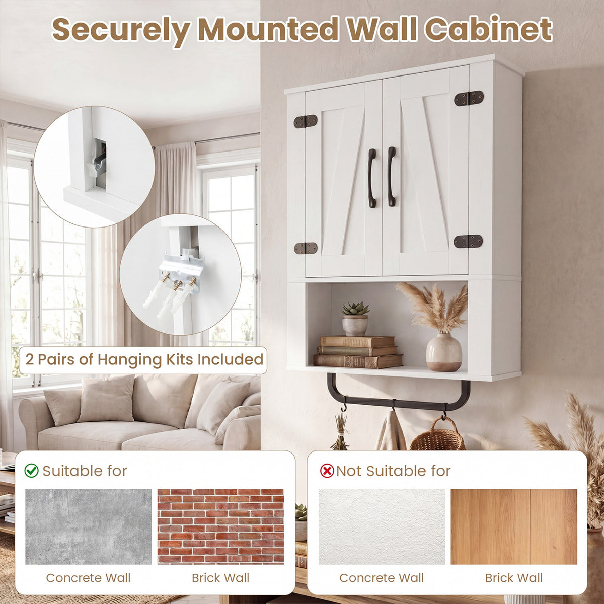 Bathroom Wall Cabinet with 2 Barn Doors and Towel Bar and 3-Tier Wooden Storage-White