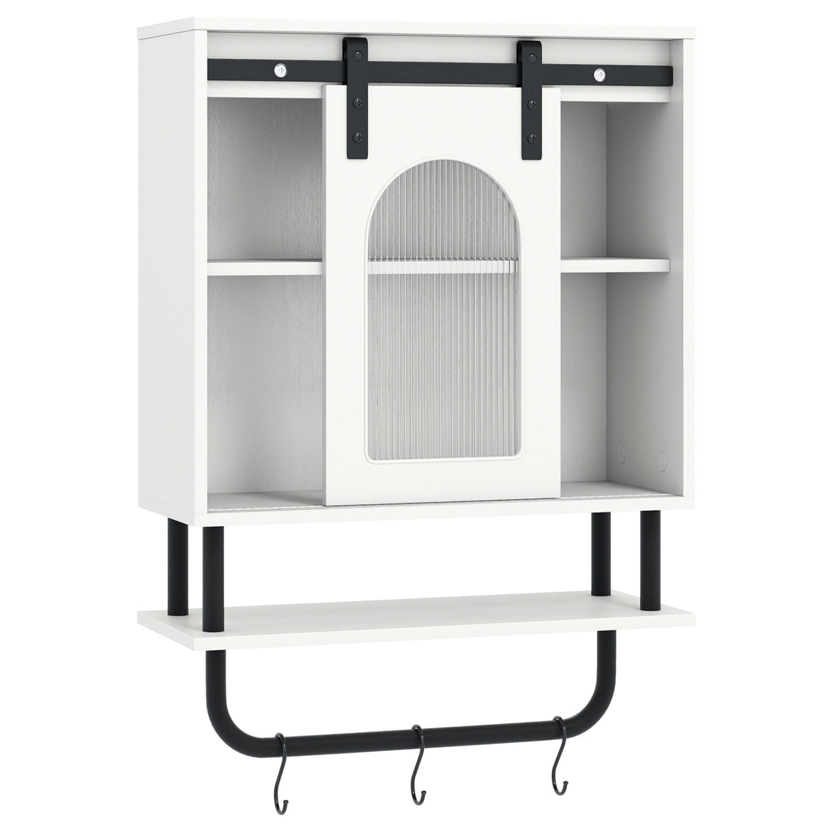 Bathroom Wall Cabinet with Sliding Barn Door and Metal Hanging Bar with 3 Hooks-White