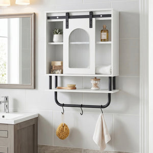 Bathroom Wall Cabinet with Sliding Barn Door and Metal Hanging Bar with 3 Hooks-White