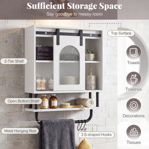 Bathroom Wall Cabinet with Sliding Barn Door and Metal Hanging Bar with 3 Hooks-White