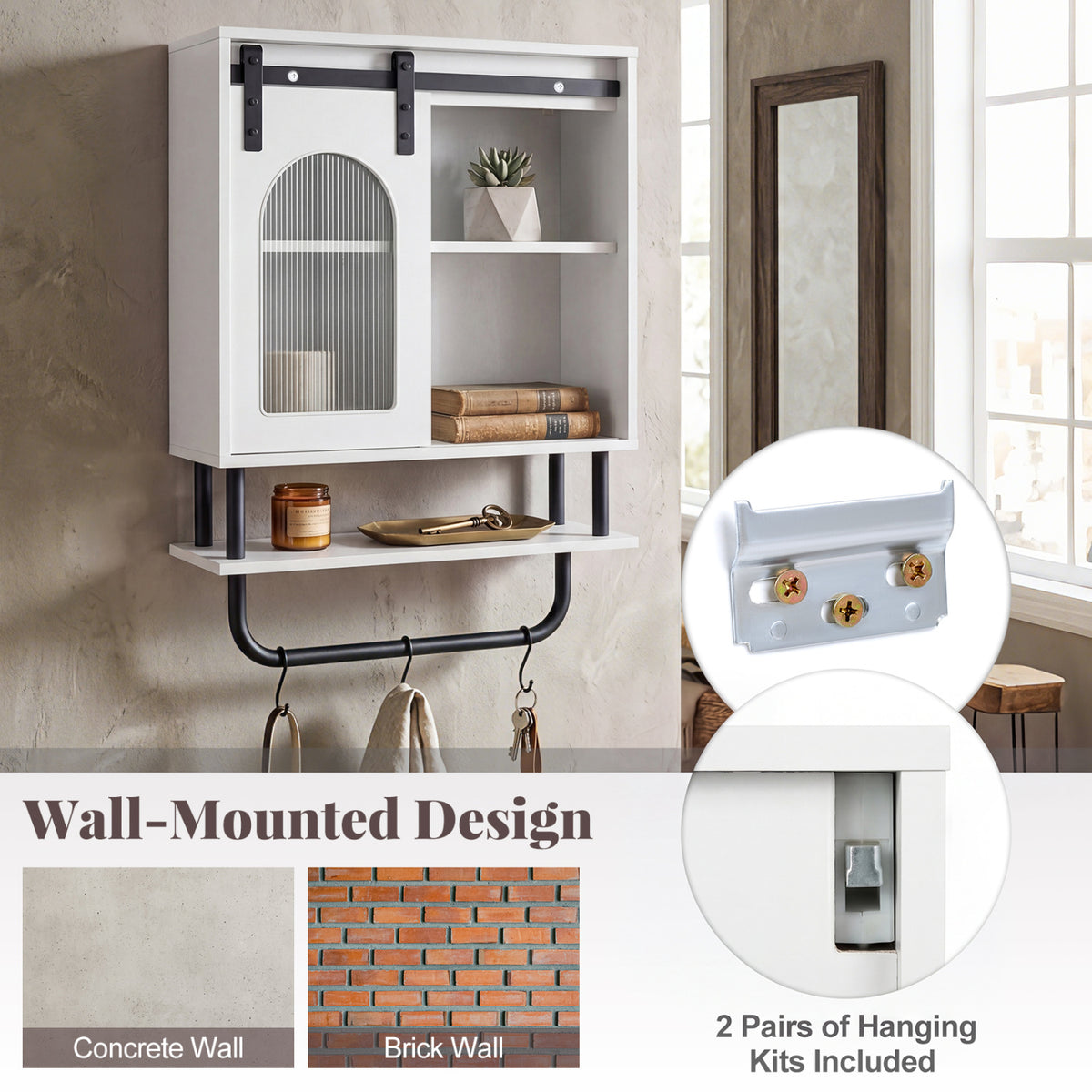 Bathroom Wall Cabinet with Sliding Barn Door and Metal Hanging Bar with 3 Hooks-White