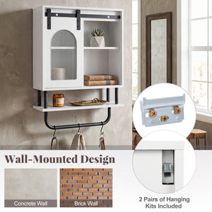 Bathroom Wall Cabinet with Sliding Barn Door and Metal Hanging Bar with 3 Hooks-White