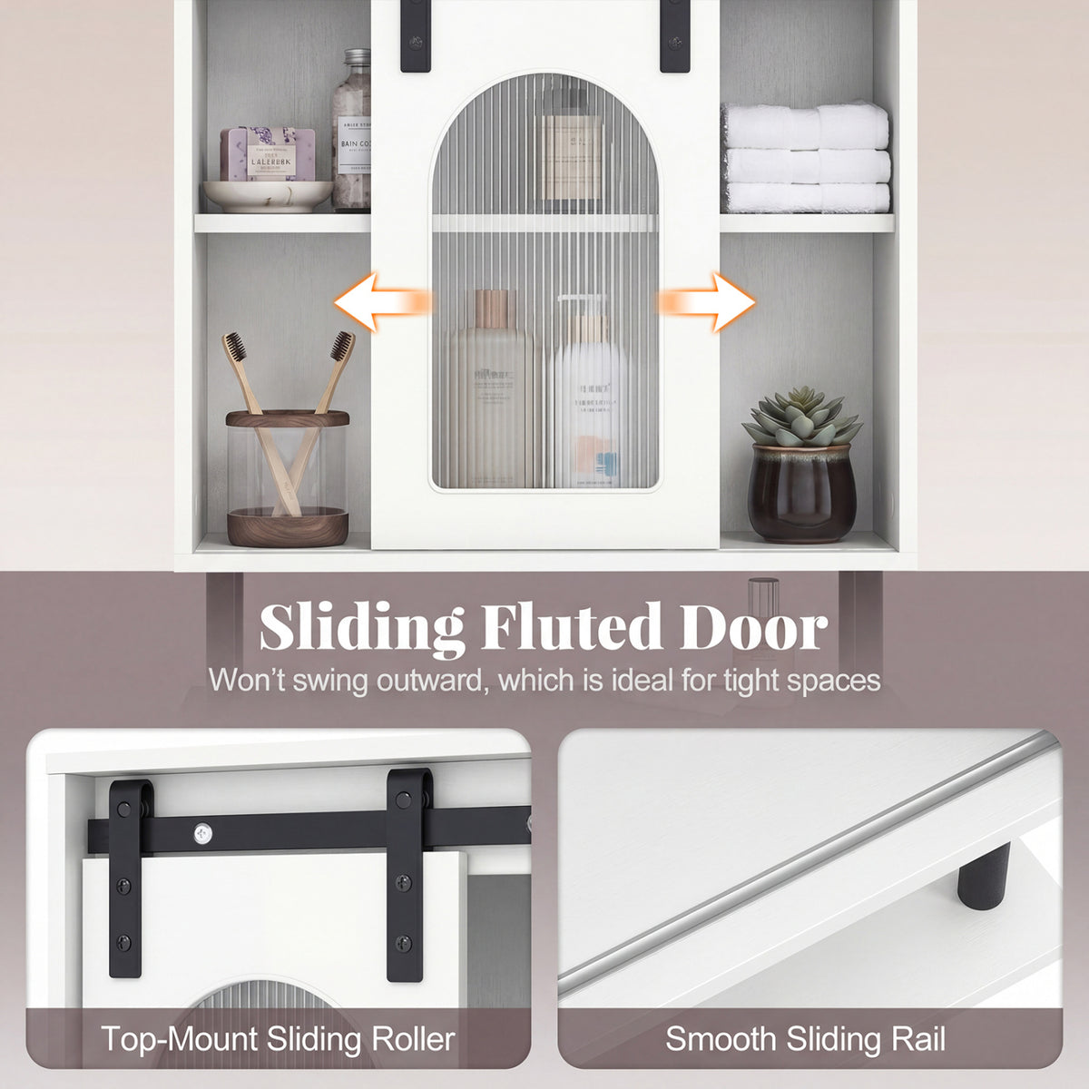 Bathroom Wall Cabinet with Sliding Barn Door and Metal Hanging Bar with 3 Hooks-White