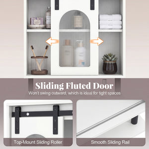 Bathroom Wall Cabinet with Sliding Barn Door and Metal Hanging Bar with 3 Hooks-White