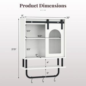 Bathroom Wall Cabinet with Sliding Barn Door and Metal Hanging Bar with 3 Hooks-White