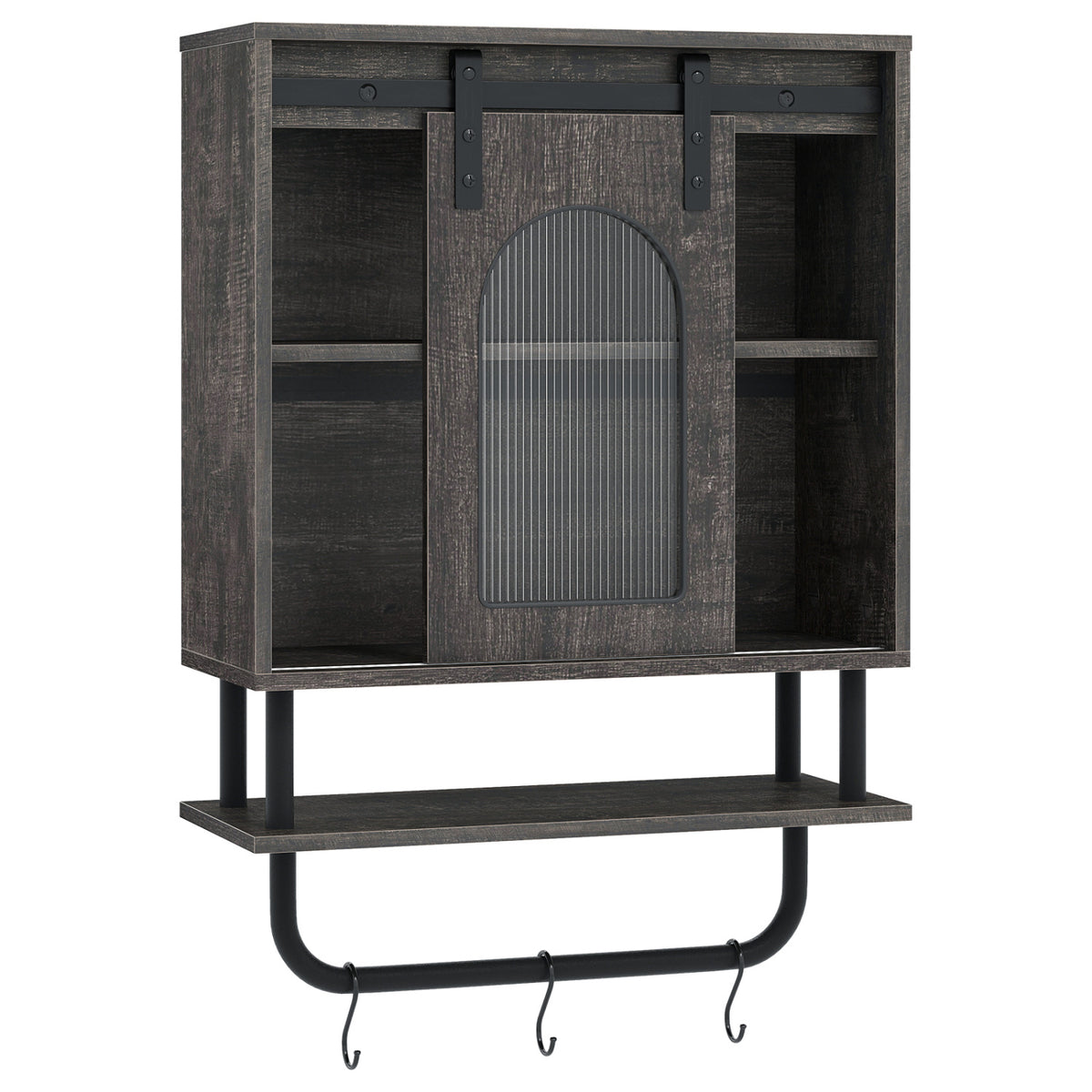 Bathroom Wall Cabinet with Sliding Barn Door and Metal Hanging Bar with 3 Hooks-Black